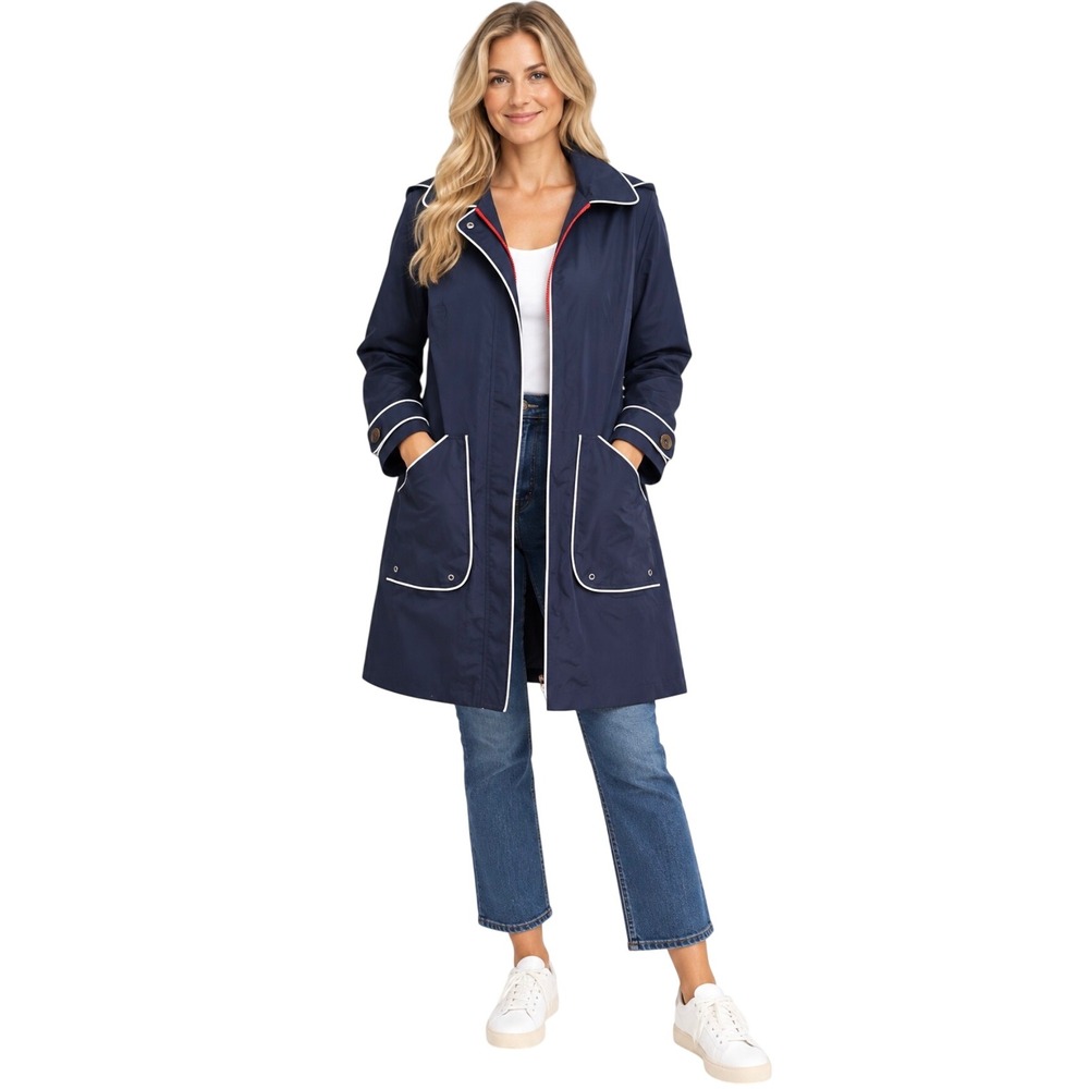 Boden Navy Blue Hooded Raincoat Parka Jacket White Contrast Trim Womens US 16R